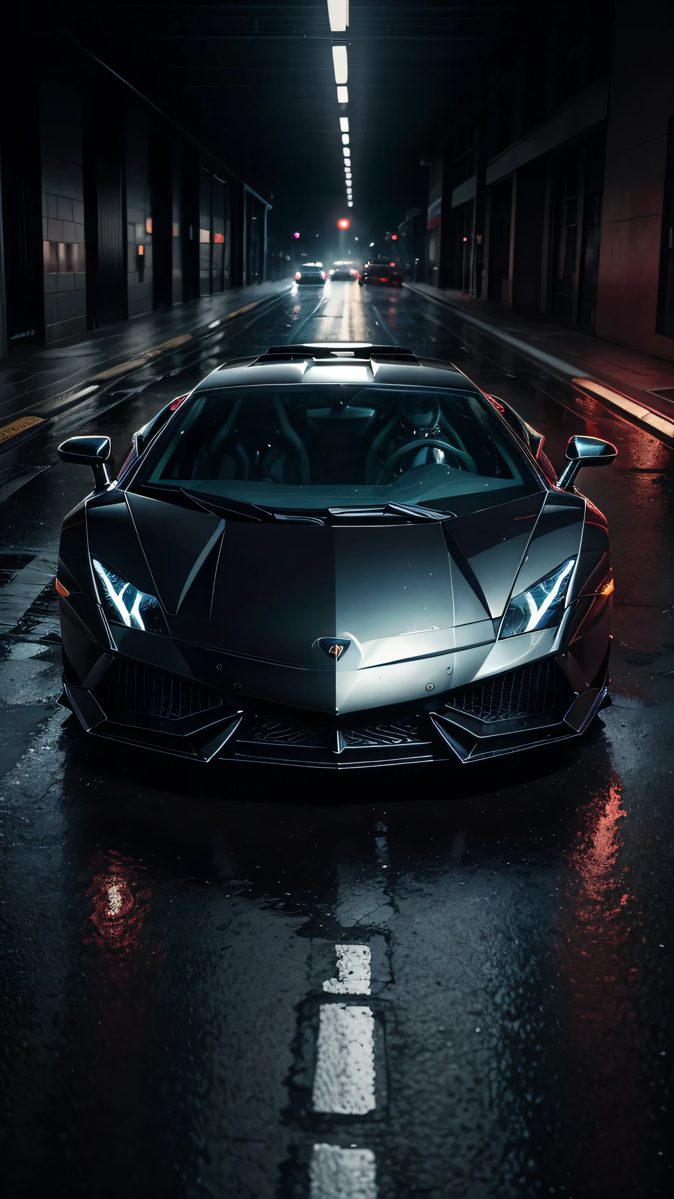 A shiny black chrome Lamborghini Gallardo wet from the rain in a dark rainy cyberpunk city, the Lamborghini Gallardo is centered, (ultrarealistic),(ultra details),(sharp focus)