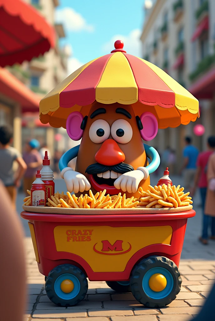 Mr. Potato Head cooking crazy fries on a food cart