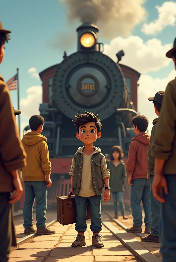 Pedro, at about 1, He says goodbye to his family at the Arequipa train station. He carries an old suitcase and his sketchbook under his arm.. His family looks at him with pride and some concern.. The train is ready to leave, with smoke coming out of the chimney.