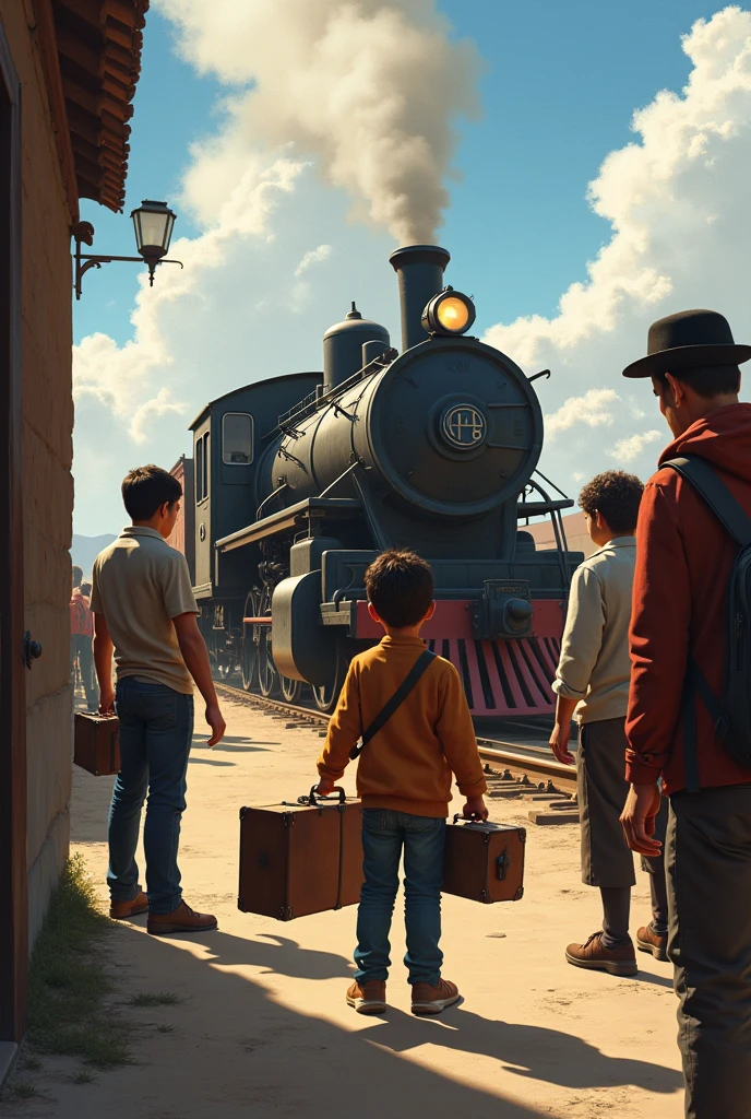 Pedro, at about 1, He says goodbye to his family at the Arequipa train station. He carries an old suitcase and his sketchbook under his arm.. His family looks at him with pride and some concern.. The train is ready to leave, with smoke coming out of the chimney.