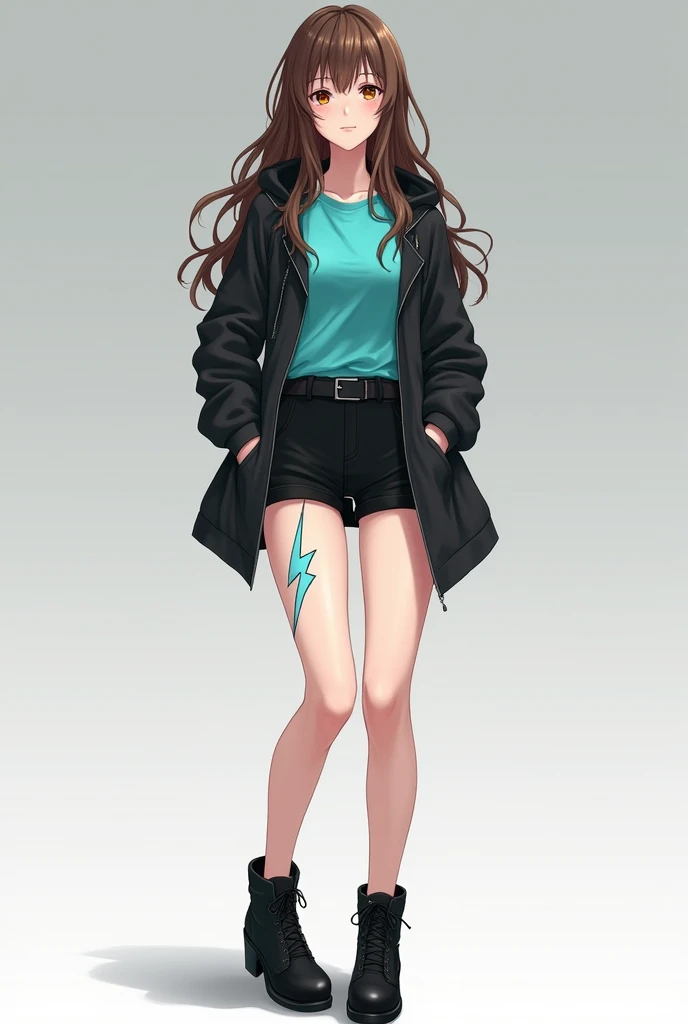 1. 1 white girl 2. skin test very white skin 2. Long wavy brown hair 3. Light brown eyes 4. elongated face 6. Big hips 7. He is wearing black shorts 8. Turquoise T-shirt 10. Black jacket 11. He has lightning bolts on his hands and body 12. It has to be full body 13. Wear black boots 17. It has to be a realistic anime version

