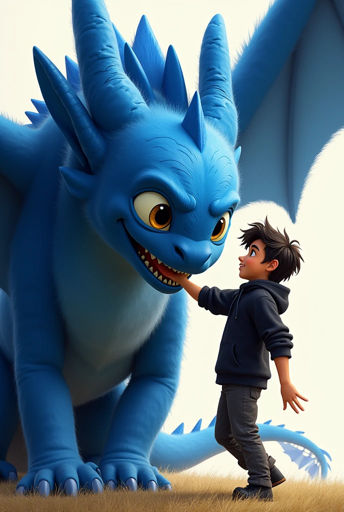2d animation. Portrait. Young man dressed in black playing with a blue fury dragon from how to train your dragon