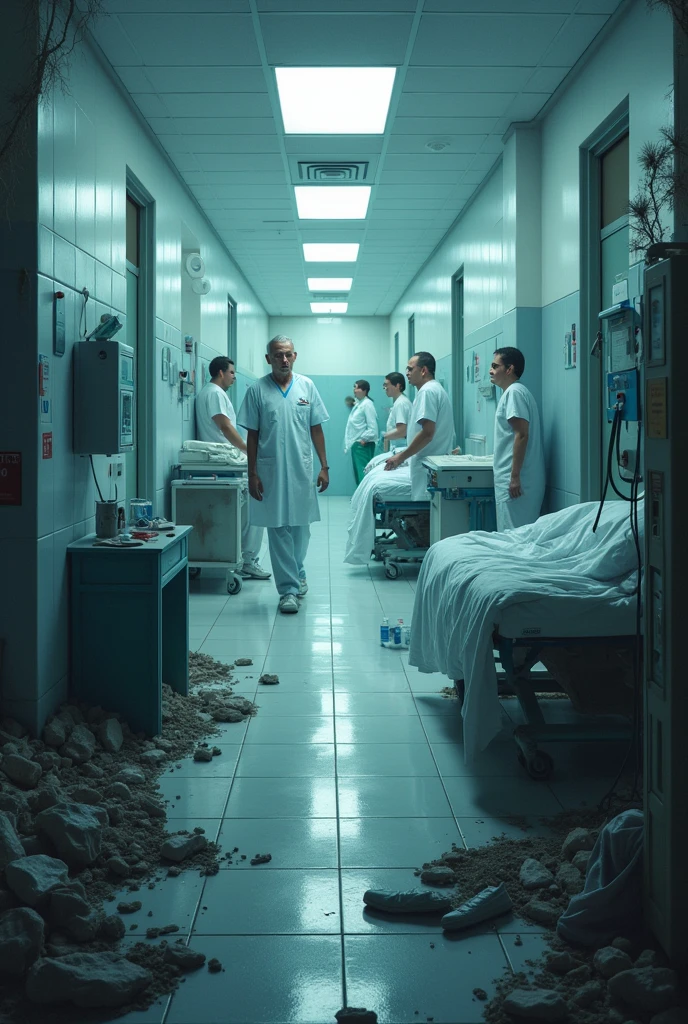 a clean, bright hospital contrasted with a dark, dirty environment filled with sick people
