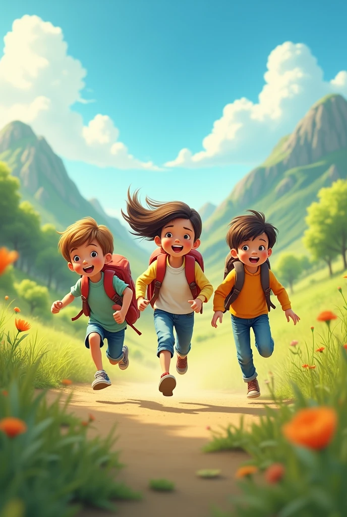3 kids running with backpacks