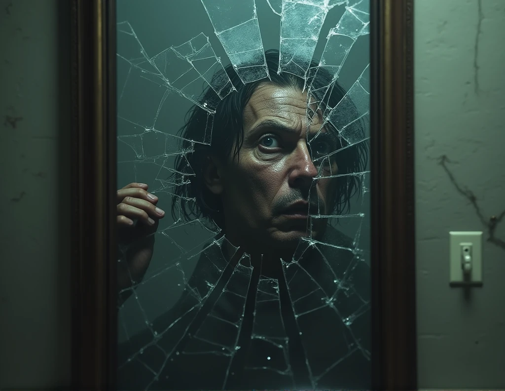 a BROKEN mirror, where the reflection shows a distorted version of oneself, Caught in addiction