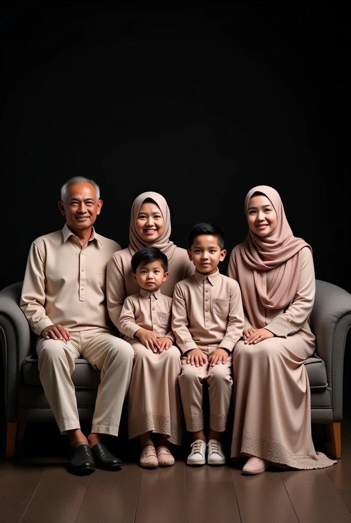 Studio photo of a family of 6 people sitting on the slfa.Grandfather, grandmother,father,mother and 2 children. wearing Muslim clothes with the same motif. grandfather aged 63,grandmother aged 58,father aged 35 years with thin and neat hairdo, mother aged 31 years wearing a hijab that matches the clothes, son boy and boy wearing matching clothes, black background