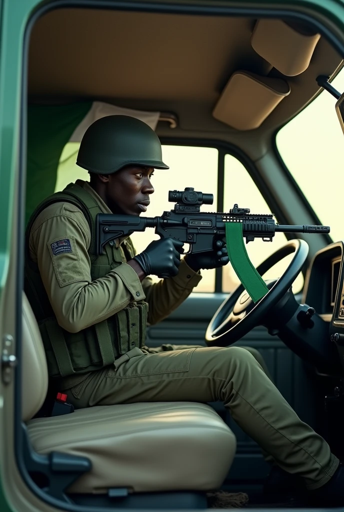 PUBG soldier holding Nigerian flag while aiming gun in car