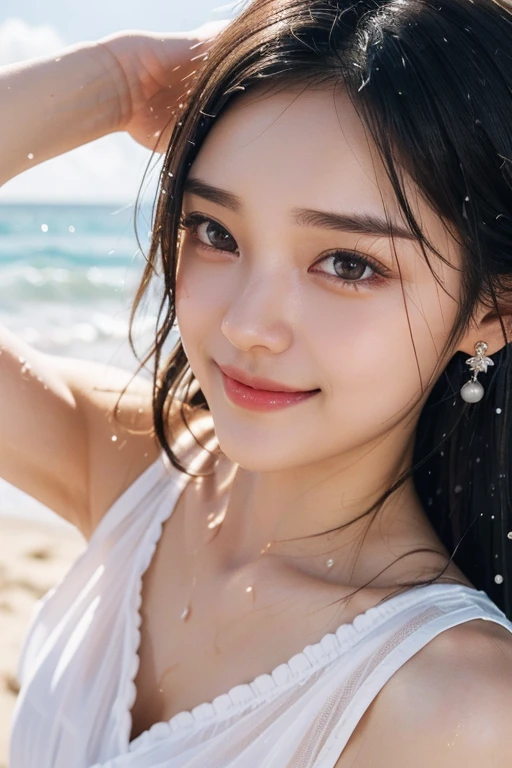 (2 Japanese girl,), (Small breasts:1.5,),(solo,,Textured skin, Detailed skin,Detailed face,Detailed eyes,detailed posing,Natural eyebrows,Sparkling Eyes,High detail, Highest quality, Super detailed, Surrealism, ,8k,RAW Photos,Photographicism,Professional Lighting,Portrait Photography,Soft Light),((Black Hair, Dark Eyes,Natural Makeup,Simple earrings,Bob Hair,ribbon,A happy smile)),(((Sandy Beach,Wave Splash,Bokeh ball,High Key,White dress,Wet Hair,Close-up)))