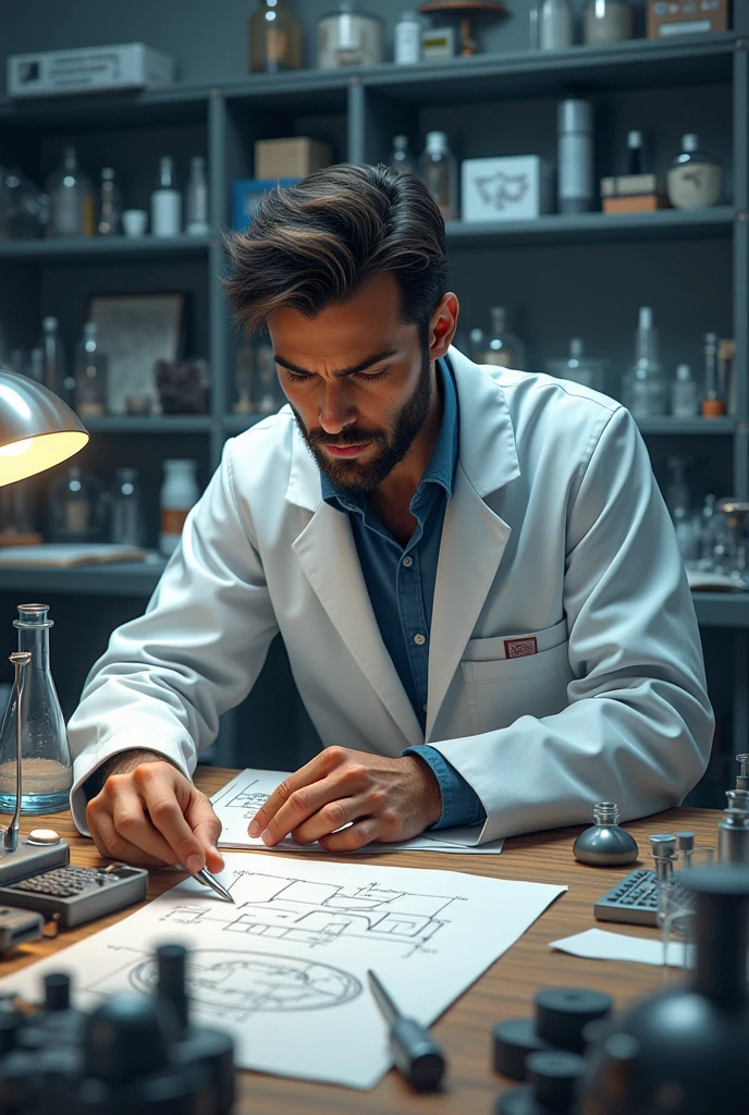 Pedro, a europe, is in a university laboratory surrounded by scientific equipment. He is focused on working on a rocket engine prototype, with plans and pieces scattered on the table. Wearing a lab coat, and his expression shows determination and focus.