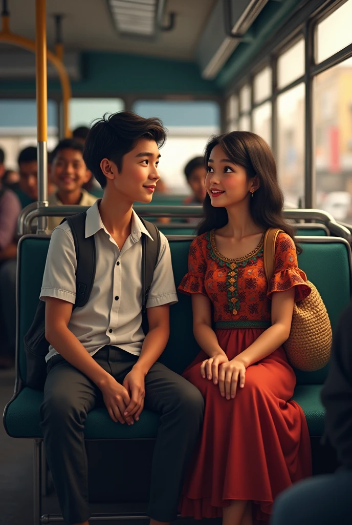 Peruvian male student asking a Peruvian female student on a bus sitting together