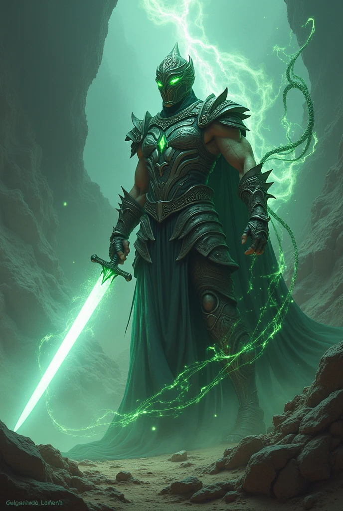 A Greek warrior with a white light sword and a dark aura magic whip, an armor with eyes and a dark magical black whip with a slightly green aura, unlimited, The sword is white and the whip is more magical, like some magic black ties, just a white sword and the black and green magic whip coming out of his hand

