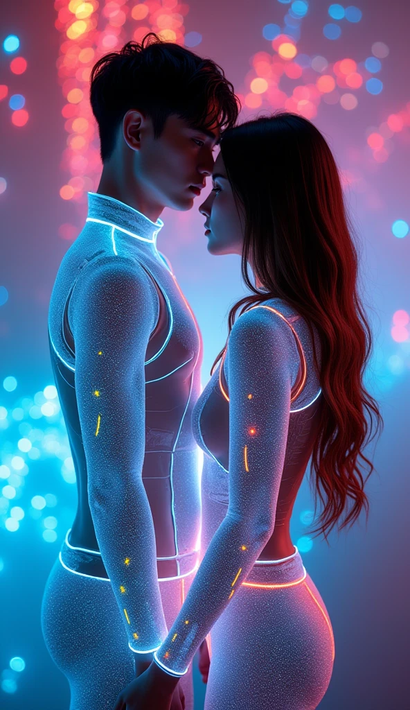 (work of art, best qualityer), 8k,(((very detailled))), racing:1.8,Bottom-up view, Super intricate racing pattern,colorful racing pattern, transparent glass clothes with colored LEDs, with colored glass bottom, transparent glass clothing with colored LEDs illuminating the skin, illuminate,chilly, couple back to back, 1 man holding hands with 1 woman, standing together, Open back, (Straight long hair,brown),
