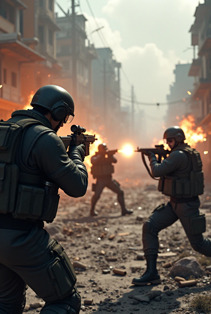 (photorealism:1.2)an image alluding to a war in a battle royale video game
