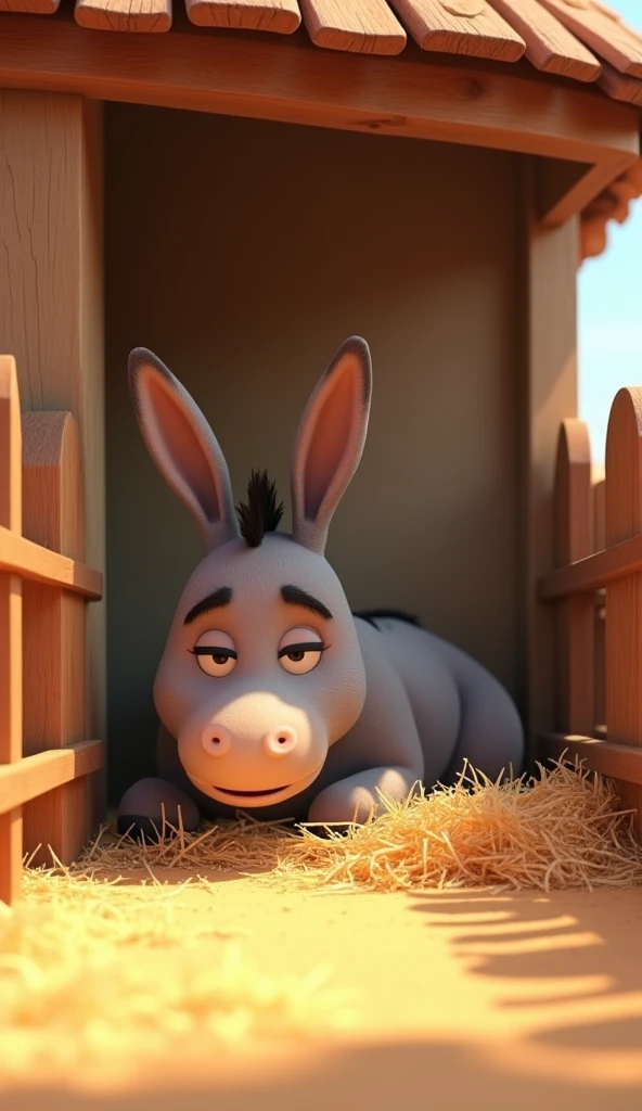 Image of a donkey lying down and resting on a pile of straw in a corral. The donkey seems relaxed, with his eyes half-closed, enjoying a moment of tranquility. The roofed corral is surrounded by a wooden fence, in 3D animated style.