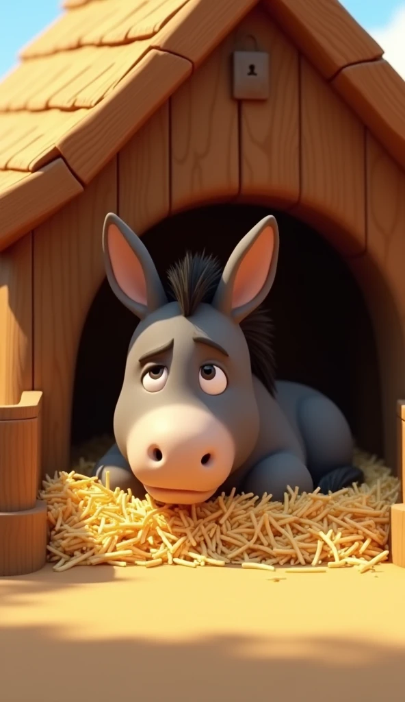 Image of a donkey lying down and resting on a pile of straw in a corral. The donkey seems relaxed, with his eyes half-closed, enjoying a moment of tranquility. The roofed corral is surrounded by a wooden fence, in 3D animated style.