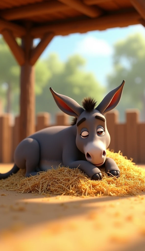 Image of a donkey lying down and resting on a pile of straw in a corral. The donkey seems relaxed, with his eyes half-closed, enjoying a moment of tranquility. The roofed corral is surrounded by a wooden fence, in 3D animated style.