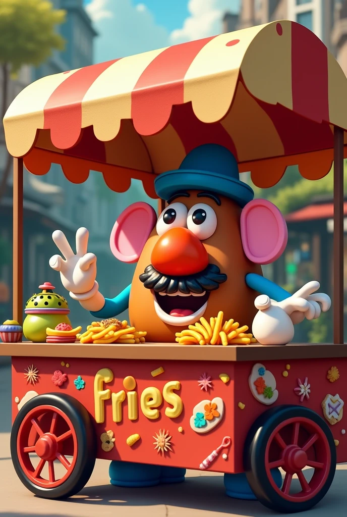 Mr. Potato Head cooking crazy fries in a food cart with a roof
