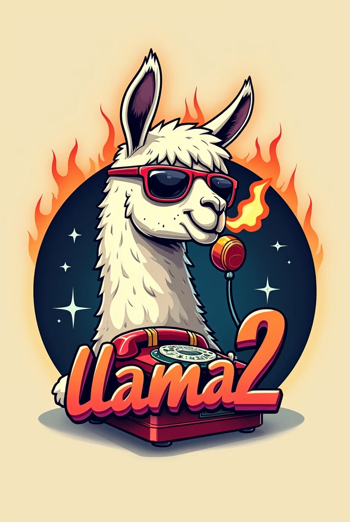 Create a logo for a group, about: a llama or alpaca (animal) with sunglasses, It is essential that there is a flame of fire in the reflection of the sunglasses, the animal, that is to say a flame, He must be talking on a vintage phone, all this within a circle, and there must be some letters that say "LLAMA2".