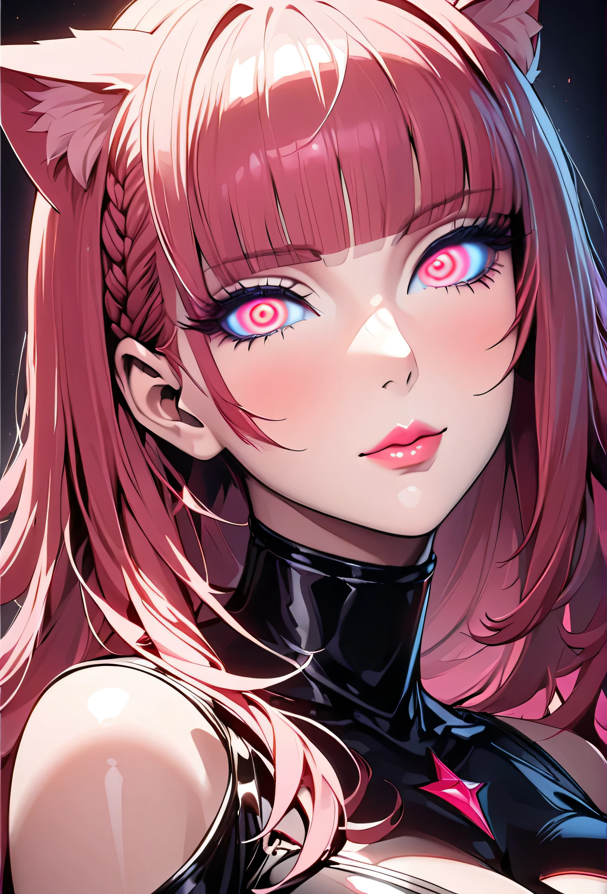 1girl, spiral eyes (masterpiece), best quality, highly detailed face, dark dungeon background, succubus, womb tattoo, black latex, (SHARP details), 4k, highly detailed, expressive eyes, SHARP detail expressive eyes, (SHARP detail perfect face), (cat ears), cat girl),maroon red hair,(shiny peach lipstick) (pink eyes), long hair, detailed face, large breasts, long eyelashes, mature, (smirk, closed lips, big plump lips, eyeshadow) shiny skin, beautiful eyes,(detailed eyes, sharp eyes, clear pupils:0.8), blunt bangs, wispy bangs, naughty look, butt, thighs, cleavage, pink theme, cutest face, braided hair