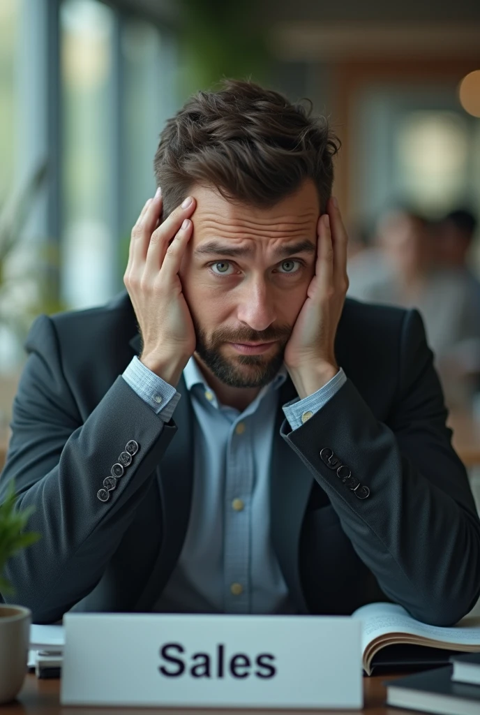 Create an unrealistic image of a male salesperson sitting worried and thinking about moving up to the position of supervisor in the company he works for., very happy with the opportunity gained, but also fearful of the challenges that lie ahead