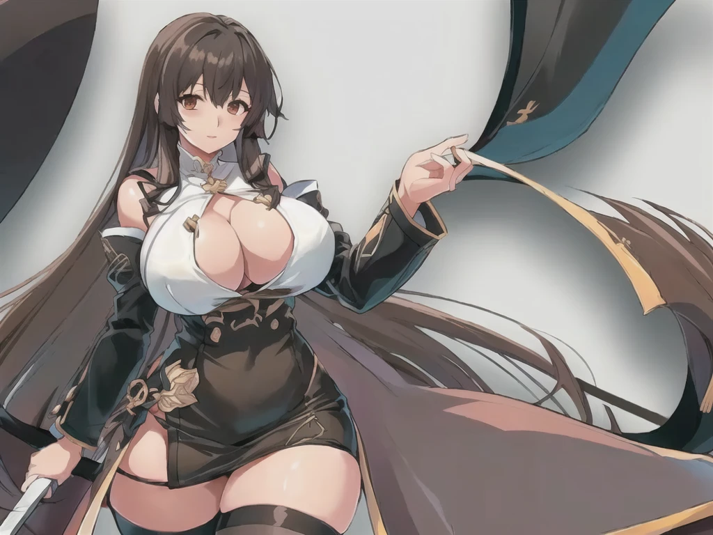 masterpiece,best quality,kim_kwang_hyun, 1girl, anime girl with long hair and a sword in her hand, seductive anime girl, azur lane style, !, kantai collection style, ayaka genshin impact, , female action anime girl, with a large breasts, be alluring anime woman, oppai, best anime 4k konachan wallpaper, with large breasts