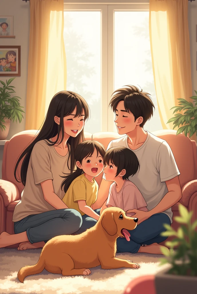 family with brother sister mom and dad with dog anime
