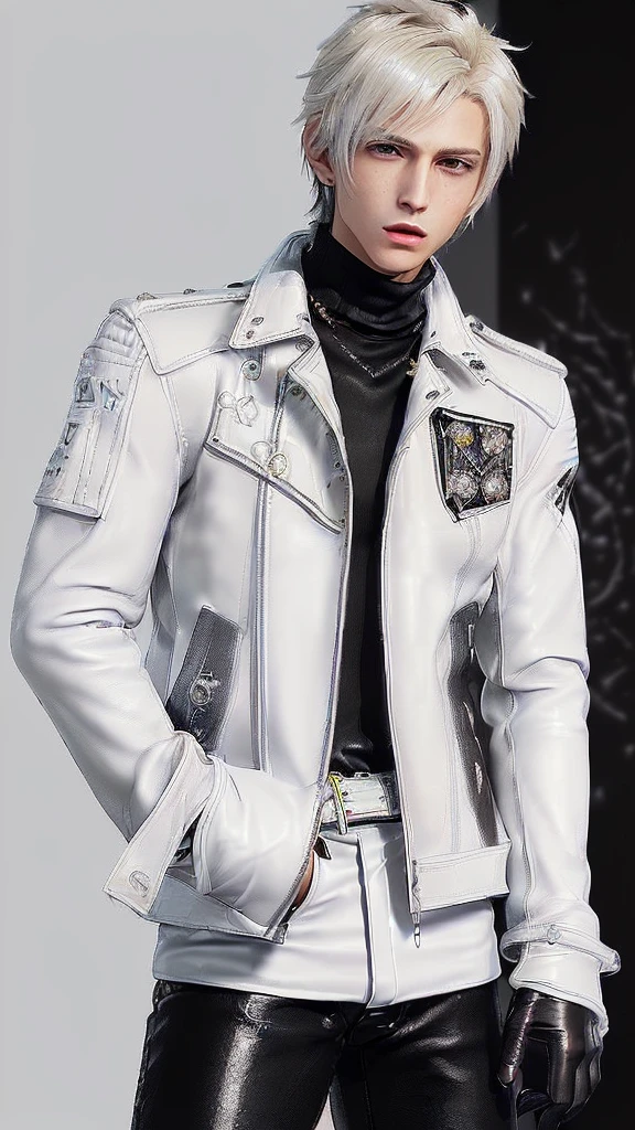 ((Final fantasy taste and reality graphics)), ((Japanese young cute and cool ikemen boy)), his age is early 20s, thin eyebrows and beady eyes, ((((he wearing white color leather very thick single-brest jacket)))),((((leather jacket is smooth luster and shiny)))), ((jacket with epaulet)), ((leather jacket close all zippers)),, ,(( jacket collar is very high length stand-up collar with belts)), , (((also wearing black color turtleneck polyester shirts))), (((tight black and leather pants))), ((((black leather tight and thin glove)))), ((black color leather knee-high raceup boots)),((show the boy whole body)), boy looks like fashion model,Do not show skin from the neck down,(((all his clothes are smooth design and very shining))),(((Avoid adding unnecessary decorations to your clothes))),(((all clothes is simple design and appearance))),(((don't wear jewelry on all clothes)))