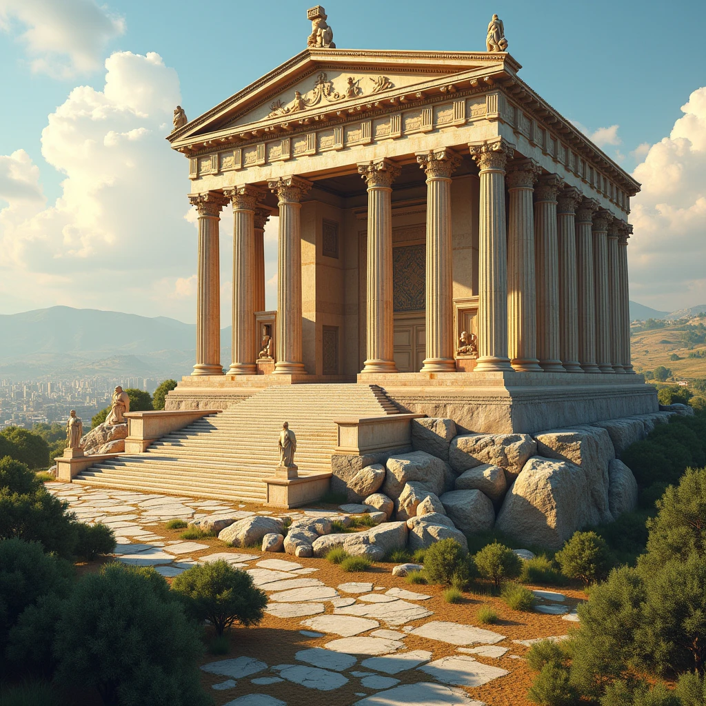 "A realistic image of a gigantic temple to Jupiter on the outskirts of Ancient Athens" (realistic image)