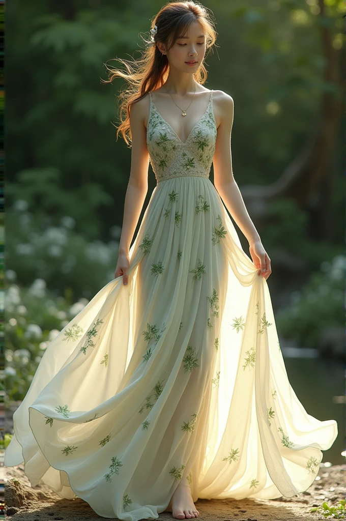 Long flowing dress with small green leaf embroidery