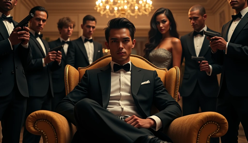 Visual Description:
Central Figure: A strong, handsome, and young Mafia Boss exuding confidence, sitting on a luxurious boss chair. He is dressed in an elegant suit that radiates authority and power.
Background Figure: Behind the Mafia Boss stands a beautiful woman, embodying grace and sophistication. Her presence adds an air of mystery and allure to the scene.
Second Role: Next to the woman, a second character representing the Mafia Boss in simple clothes. This character contrasts with the boss's opulent appearance, hinting at the duality of his life.
Background Setting: The backdrop features a grand, luxurious bungalow with a regal ambiance. The scene is filled with numerous men dressed in black suits, each holding a gun, emphasizing the power and influence surrounding the Mafia Boss.
Style: Dramatic and intense, with a focus on the Mafia Boss's dominant posture and the luxurious setting, creating a sense of intrigue and suspense.