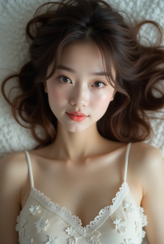 Finely, high resolution, high quality、Perfect dynamic composition, Pretty and beautiful eyes, Medium Length Hair, 、Natural lipstick,Kamiaki、Floor Background、20 year old girl、1 person、Clear skin、Shiny hair、On the table, 最high quality, Very detailed, Finely, high resolution, 8K、The correct state of the human body、whole body、From head to thigh、cleveage,((Sleeping on your back、Top view))