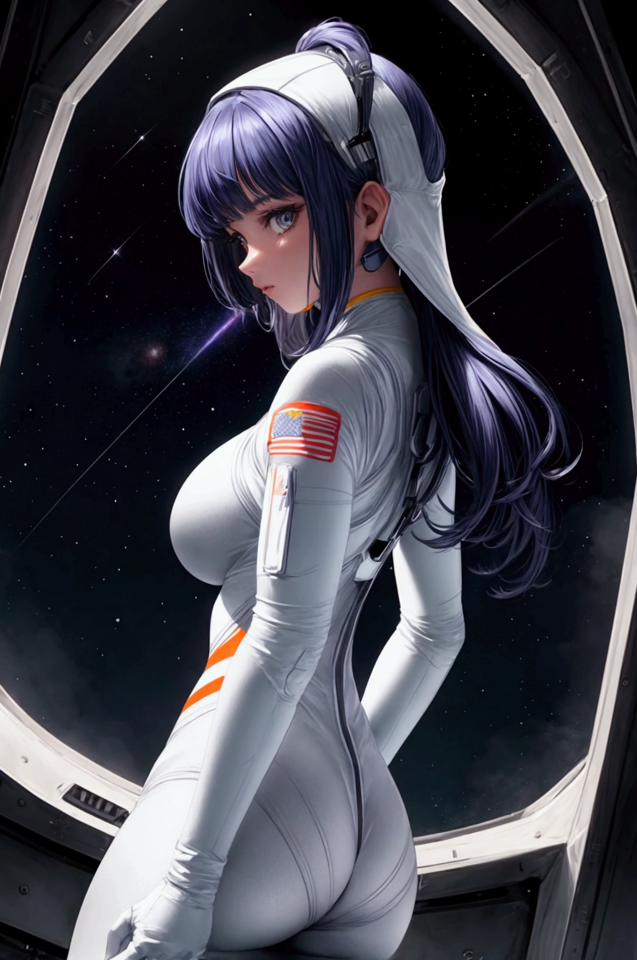 asteroid moon women watching in multicolor astronaut suit low cut long tight athletic bodies slim big breasts big buttocks