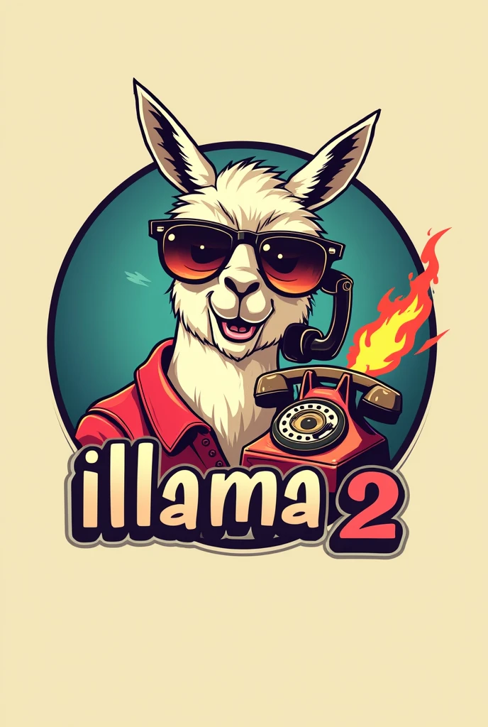 Create a logo for a group, about: a llama or alpaca (animal) with sunglasses, It is essential that there is a flame of fire in the reflection of the sunglasses, the animal, that is to say a flame, He must be talking on a vintage phone, all this within a circle, and there must be some letters that say "LLAMA2".