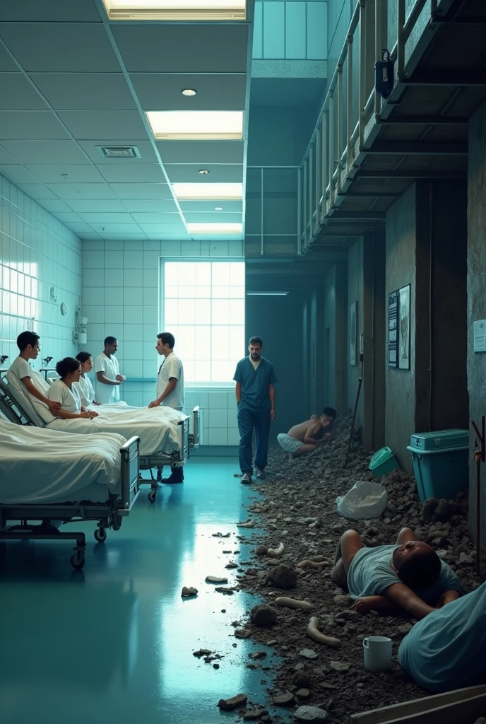 a clean, bright hospital contrasted with a dark, dirty environment filled with sick people