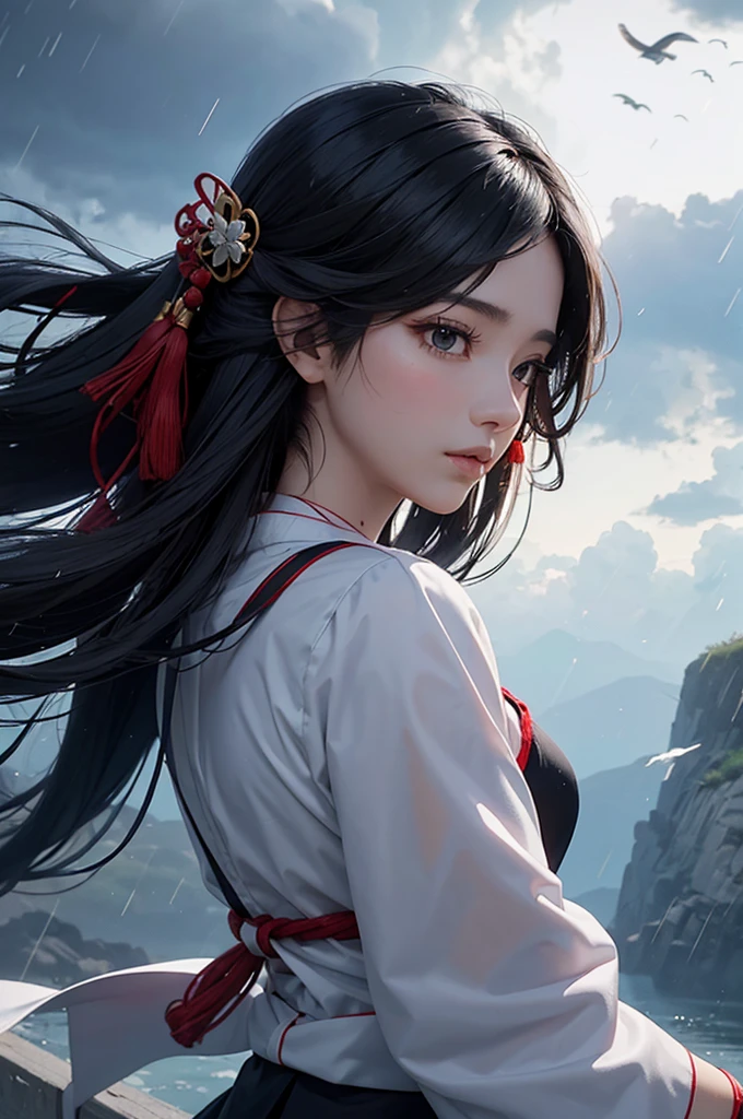 A bust-up of a beautiful black-haired shrine maiden who flies into the sky, manipulates water, and uses wind magic to blow away the rain, calling for the sun.