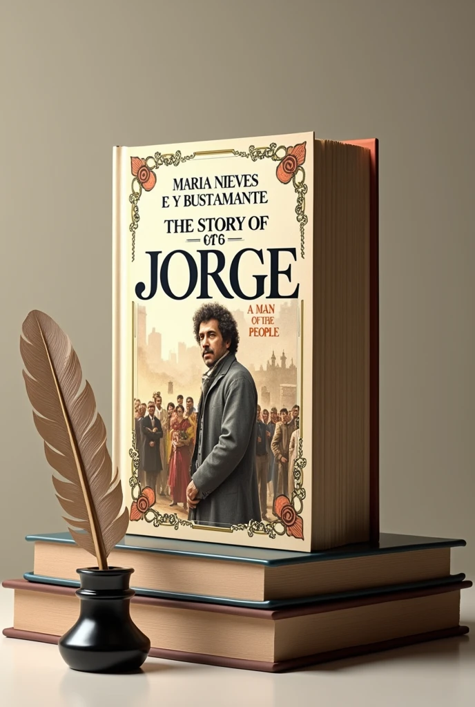 Image of a book titled "Jorge, The Son of the People", with the name of Maria Nieves and Bustamante on the cover. at your side, a quill and an inkwell, symbols of his legacy in Spanish