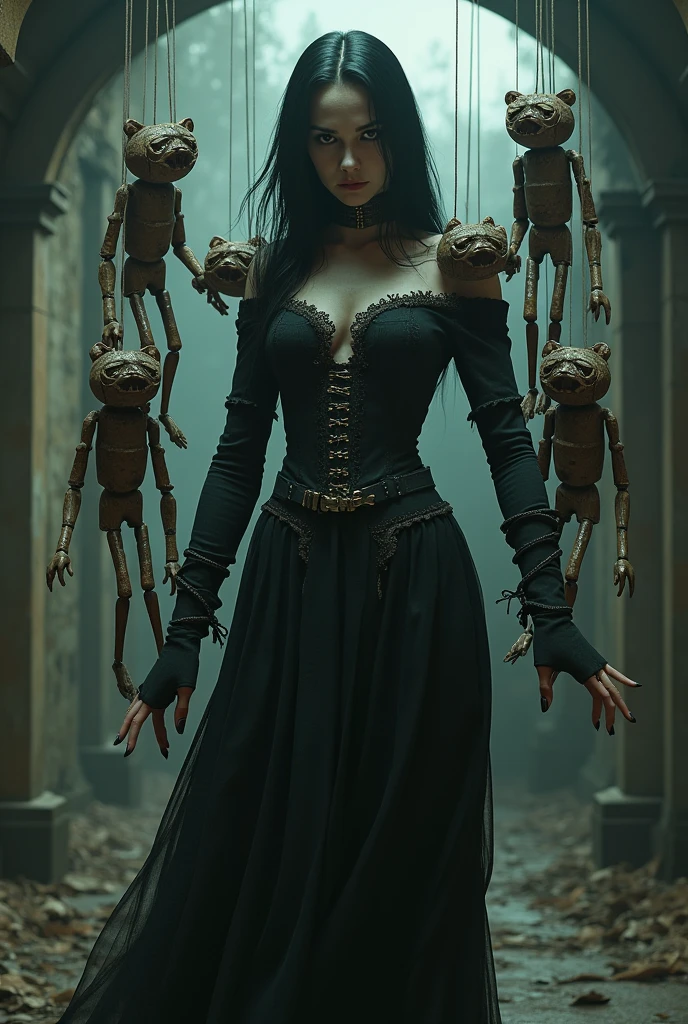 Generate an image of a female killer for an asymmetrical horror game dead by dayligth
Her power will be to wield puppets to attack the survivors
She'll look scary With puppets impregnated in her body, The killer is a very pale woman in her 30s with black hair
Also design the survivor of this female killer, This survivor will be male, he will be around 20 years old and his clothes will be gothic, his expression will be confident almost hiding his fear