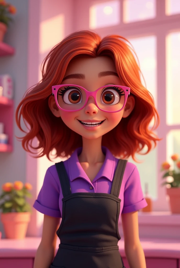 Pixar style image, Light brown skinned girl with shoulder length wavy ruby red hair , with pink and square glasses. Purple jumpsuit and black apron. Manicurist