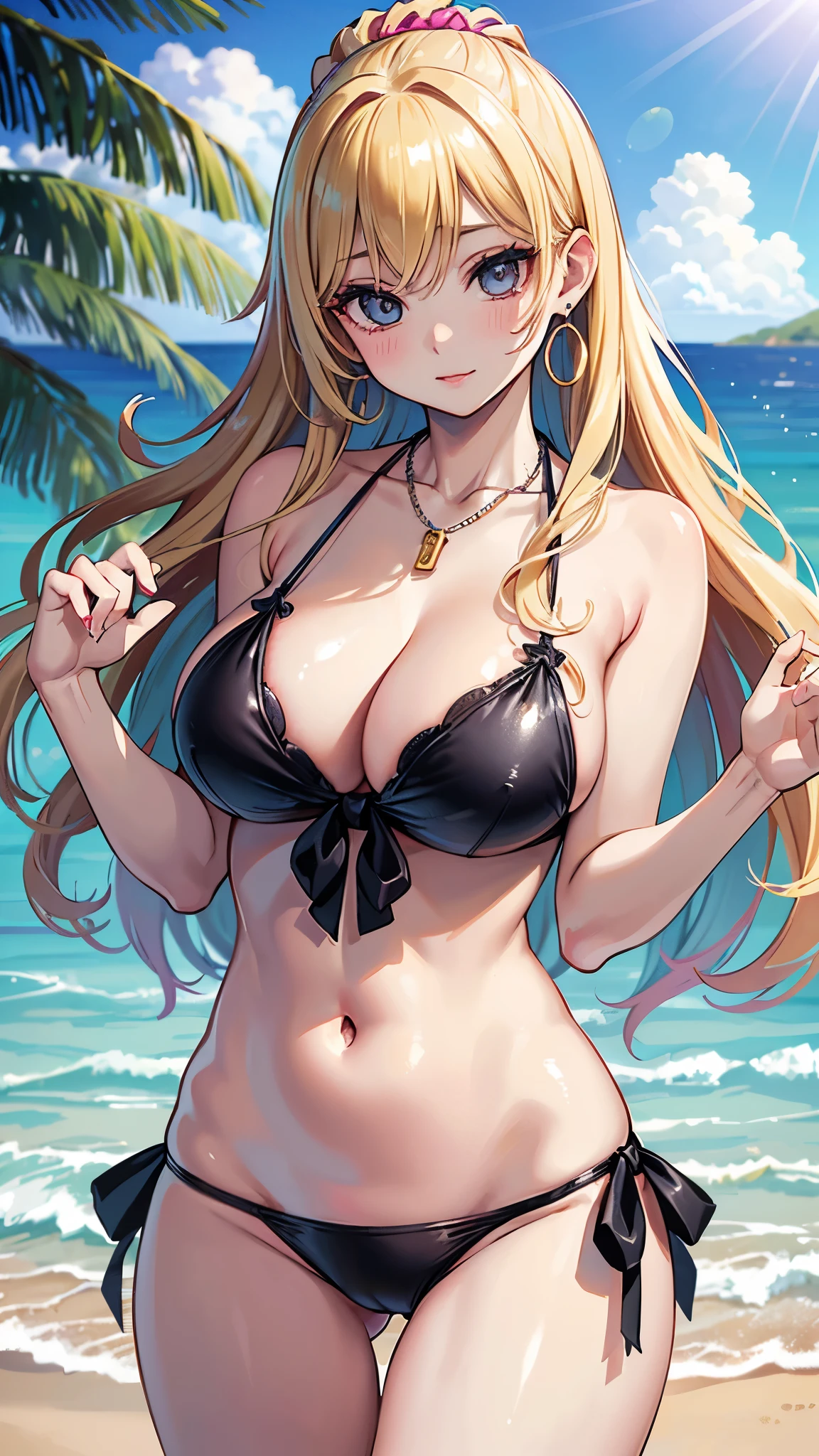 (masterpiece, 最high quality, 超High resolution, Very detailed), (Realistic:1.1, photoRealistic:1.4), Perfect illustration, Perfect lighting,Perfectly detailed hair, Perfect and exquisite face, Perfect collarbone, Perfect body,Juicy breasts, Perfect Thighs, Beautiful legs, View your audience, 1 person,Perfect Face, (Perfect Anatomy, Anatomically correct), Symmetrical face、((Shiny Hair)),Sexy Body、(masterpiece),(最high quality:1.3),8k,Very clear,(Ultra-realistic),Captivating woman,(high quality, High resolution, The finer details), Realisticなスタイルの女性,Juicy breasts、Perfect Woman、Perfect Face、Symmetrical face、、((Big breasts))、Cleavage、blush、((Juicy lips))、Cowboy Shot、(((Loosely curled colorful blonde hair)))、((Large, double-set black eyes、Long eyelashes))、(Red Makeup)、(((Colorful and flashy sexy bikini)))、((Earrings、necklace、accessories、Scrunchie))、(Healthy and well-developed body)、((Big tits jk))、((Kogal))、(Sandy Beach、Distant horizon、Dazzling sunlight)