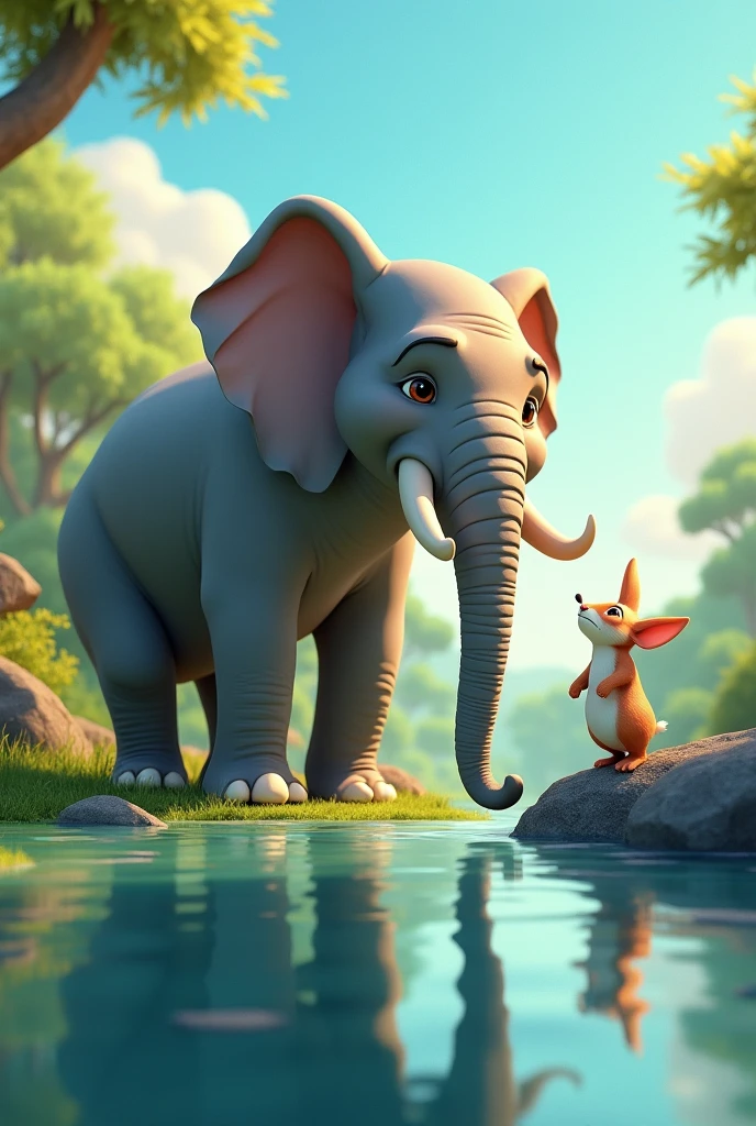 Hathi standing by a calm river, drinking water, while Khargosh approaches him with a playful, challenging look. The river reflects the surrounding trees and sky, creating a serene atmosphere. Hathi, confident and slightly amused, turns his head to look at Khargosh, while the rabbit, small but determined, stands on a rock or a small hill, emphasizing their size difference and contrasting their attitudes.3d cartoon 