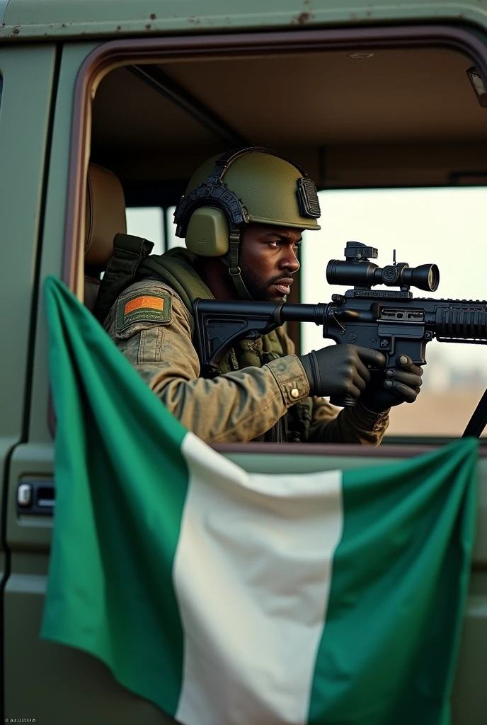 PUBG soldier holding Nigerian flag while aiming gun in car
