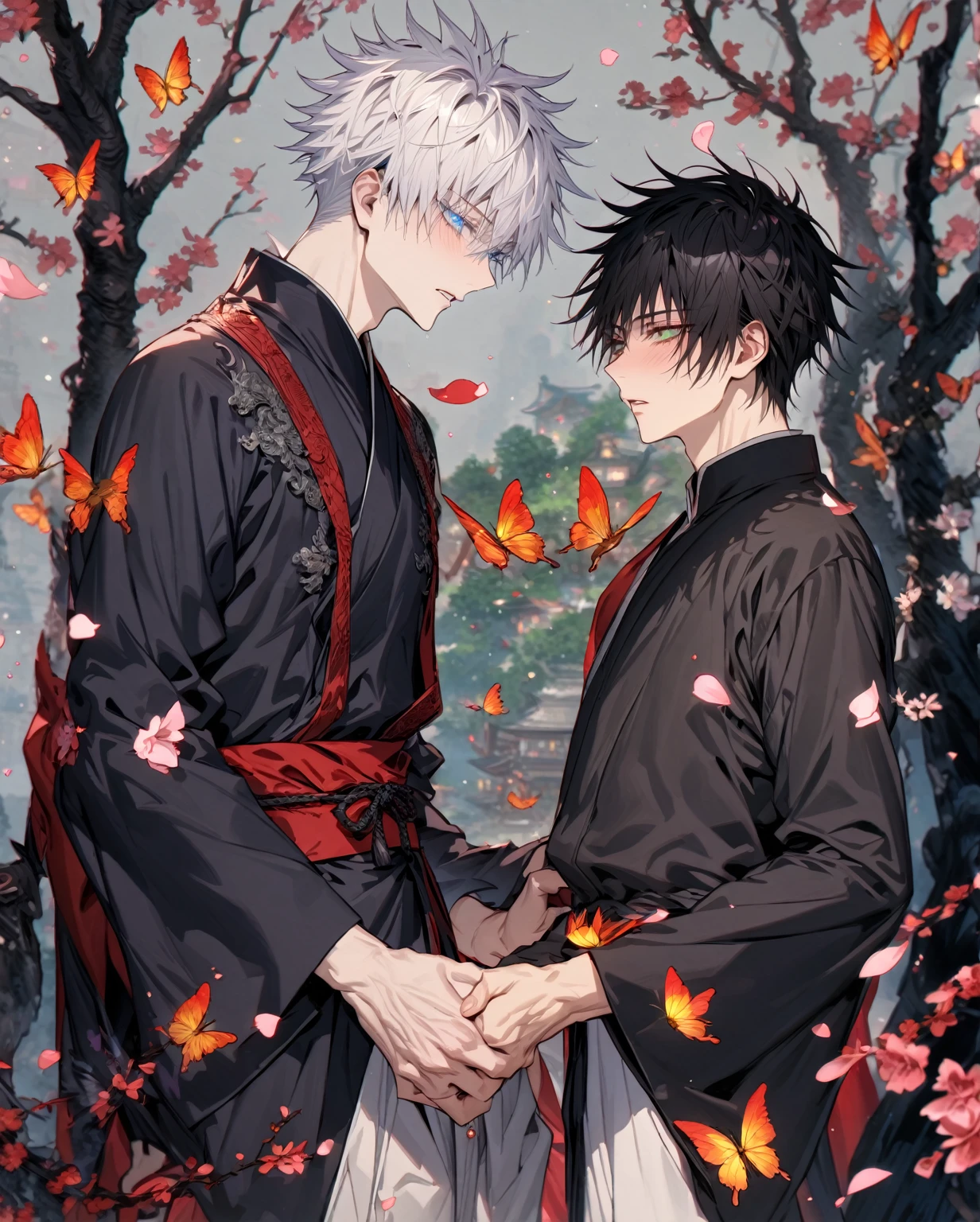 absurdres, highres, ultra detailed, HDR, master piece, Gojou Satoru, white hair with bangs, expressive blue eyes, white eyelashes, black Chinese robes, Fushiguro Megumi, black hair, expressive green eyes, black and red Chinese robes, Jujutsu Kaisen, accessories, two sexy man together, handsome, best quality, fantasy, magical, solo, sensual, forest, manly man, glittering, gay couple, yaoi, pink petals, yellow butterflies