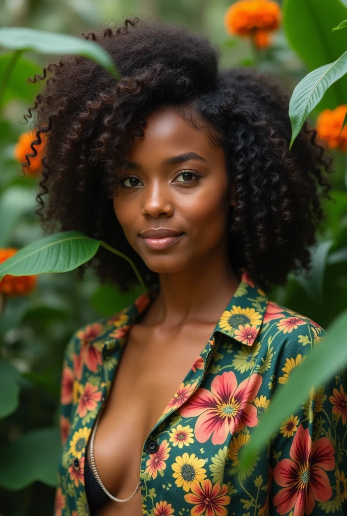 A Brazilian woman in a lush tropical garden, wearing an open shirt with a floral print, with a close-up capturing the harmonious beauty between her breasts and the natural flowers, showing off your natural charm and outgoing personality.