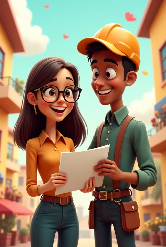 Couple in pixar mode, woman by profession auditor, with glasses, straight brown hair and electrician technician man , mestizo, brown skin