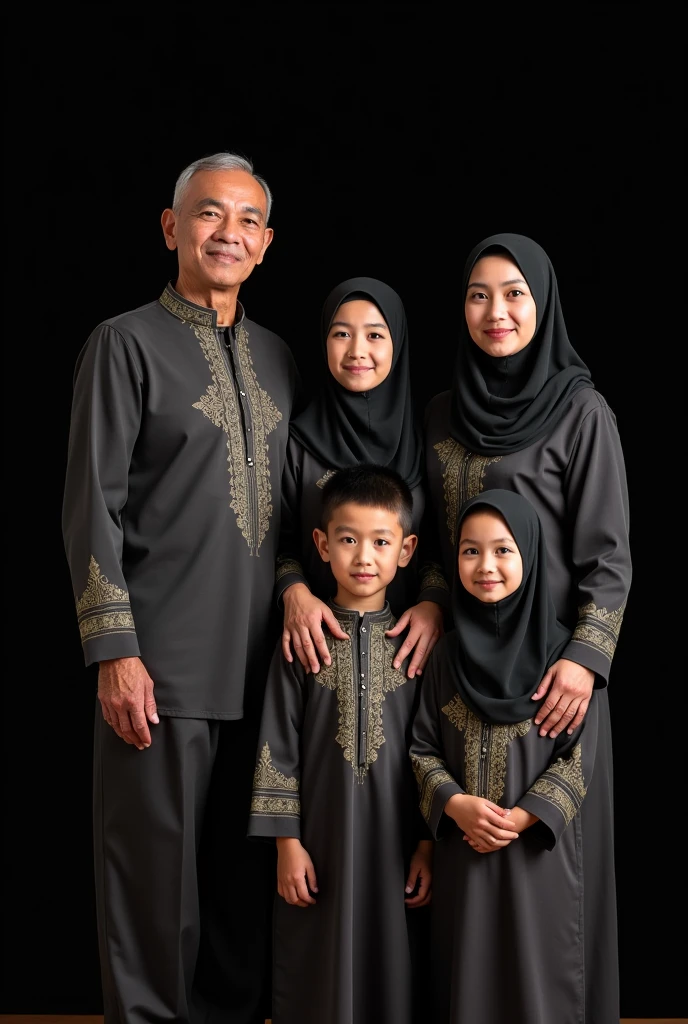 Studio photo of a family of 6 people Grandfather, grandmother, father ,mother and 2 children wearing Muslim clothes with the same motif. grandfather aged 63 with no beard,grandmother aged 58,father aged 35 years with thin and neat hairdo, mother aged 31 years wearing a hijab that matches the clothes, son  boy and  boy wearing matching clothes, black background