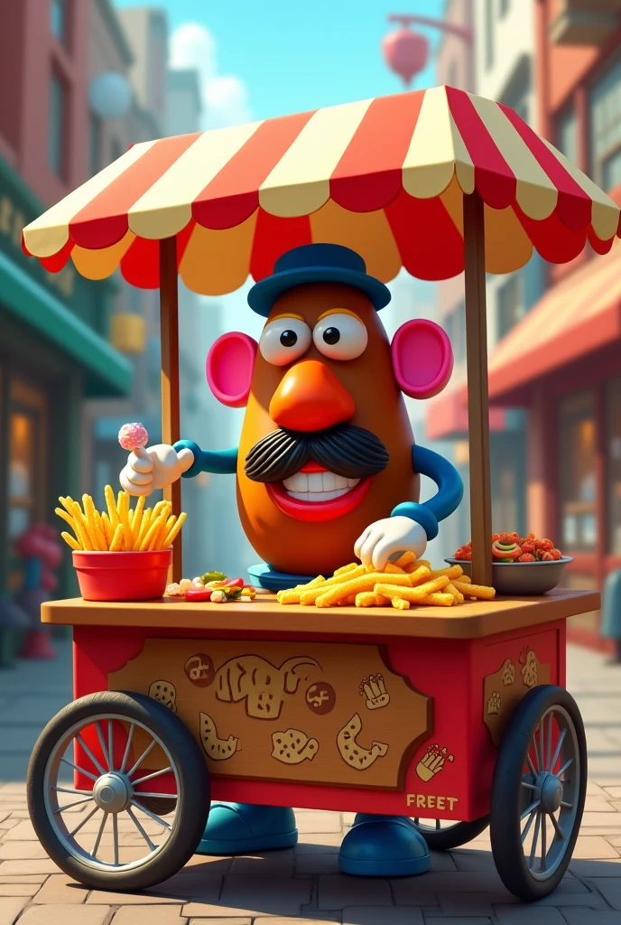 Mr. Potato Head cooking crazy fries in a food cart with a roof