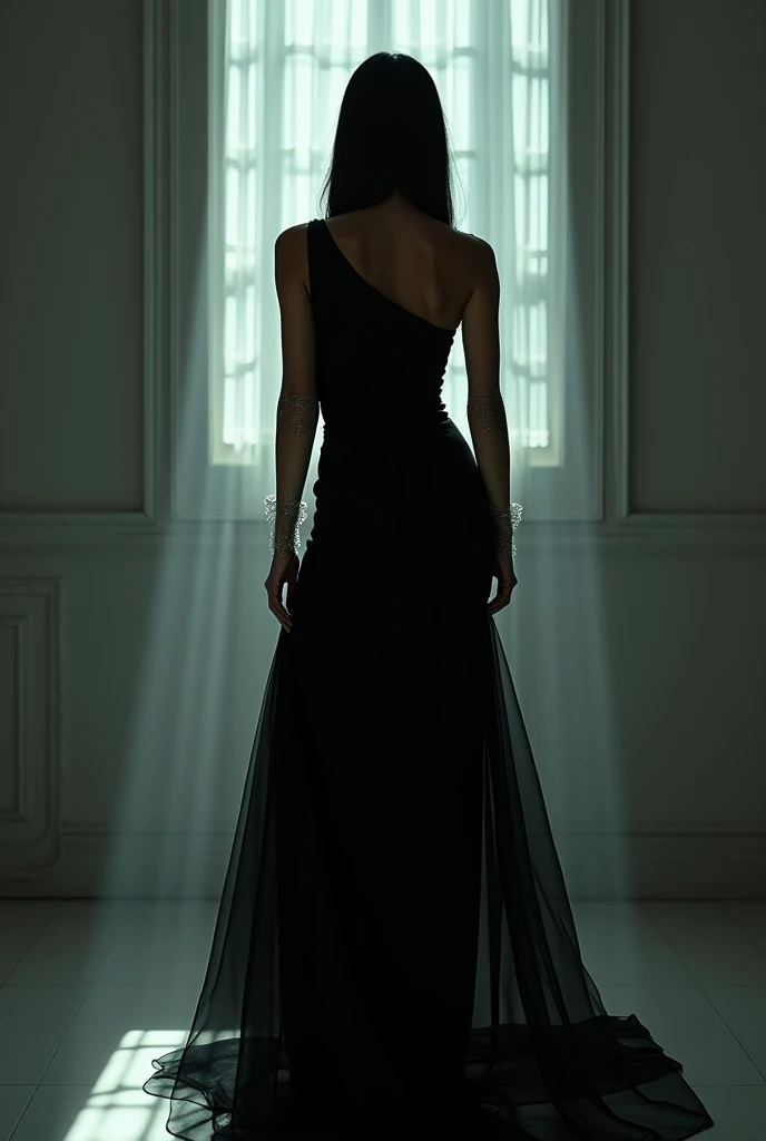 24mm high key film noir novel, long shot still masterpiece, young Italian woman with stunning straight black hair, wearing polycarbonate cocktail, floor length sleeveless one-shoulder evening gown with transparent gloves and wrists, styled by Patrick Nagel.  Prominent chest, definite chest curve