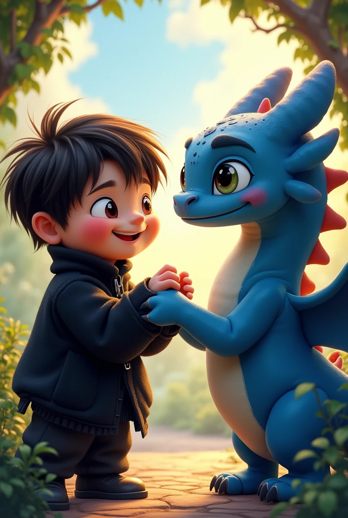 2d animation. Portrait. Young and chubby man dressed in black playing with a blue fury dragon from how to train your dragon