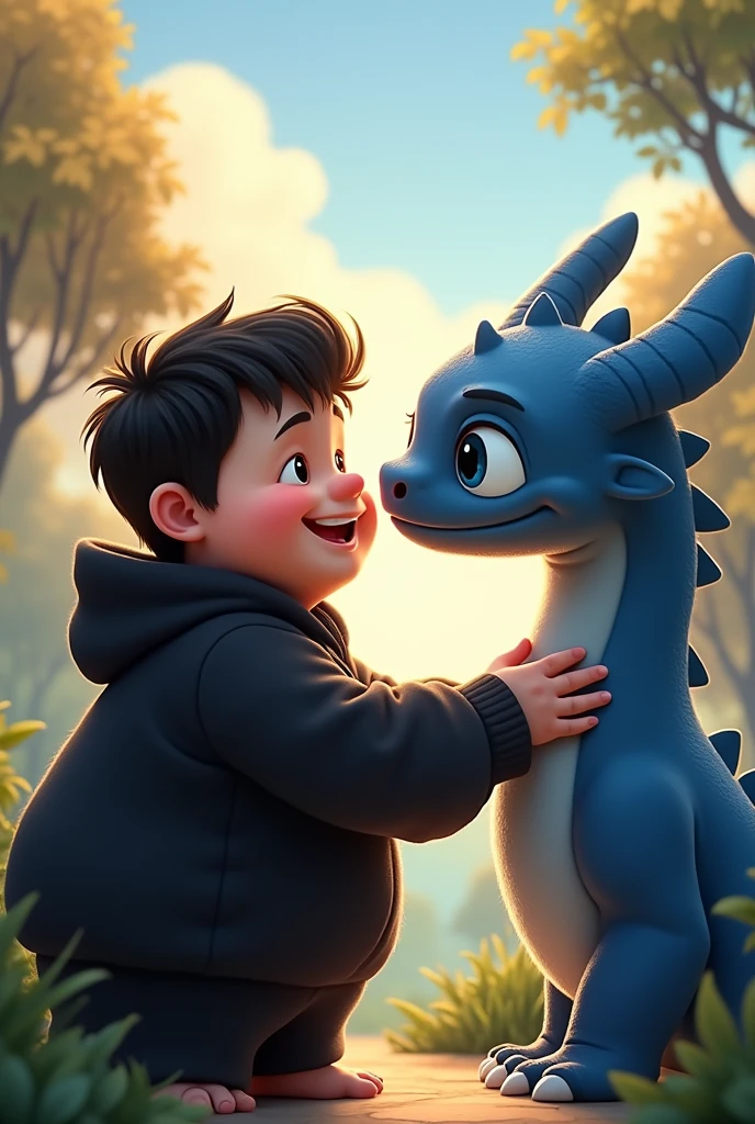 2d animation. Portrait. Young and chubby man dressed in black playing with a blue fury dragon from how to train your dragon