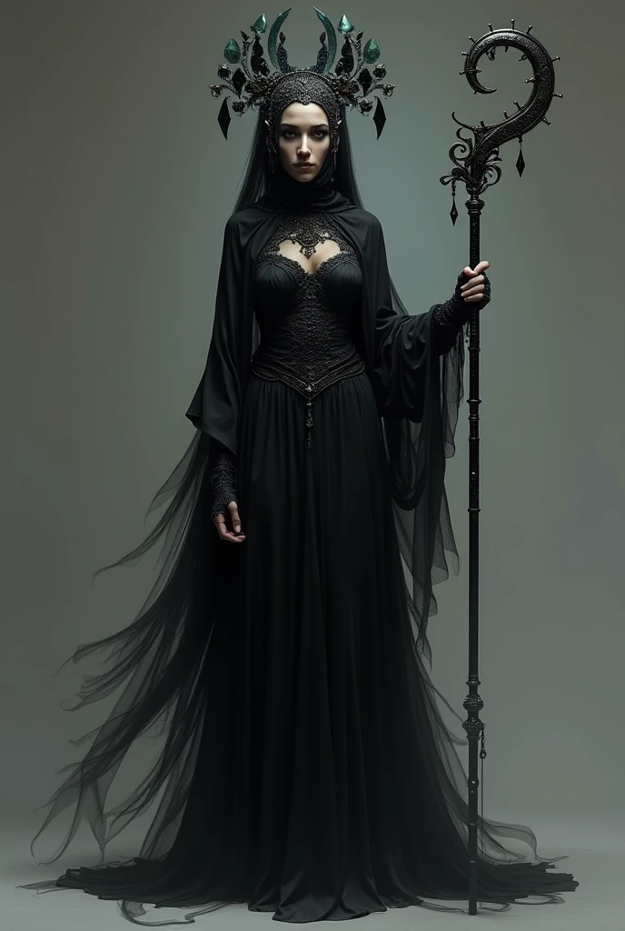Aurora "The Shadow Weaver"

Character description:

Aurora is an enigmatic creator with the unique ability to shape shadows with her hands.. In a reality where light is a luxury and shadows seem to have a will of their own, Aurora can manipulate them to form objects, give life to creatures, and even open portals to other unknown worlds. Her clothing is made of black fabrics that seem to come to life., as if the shadows themselves had adhered to his body. Its appearance is almost unreal, like from another world; His eyes are deep and dark, reflecting everything but light. She wears a headdress made of dark crystals that sparkle slightly., as if they were stars confined in an endless night.

ADD A PROP AS IF IT WERE A LONG CANE
